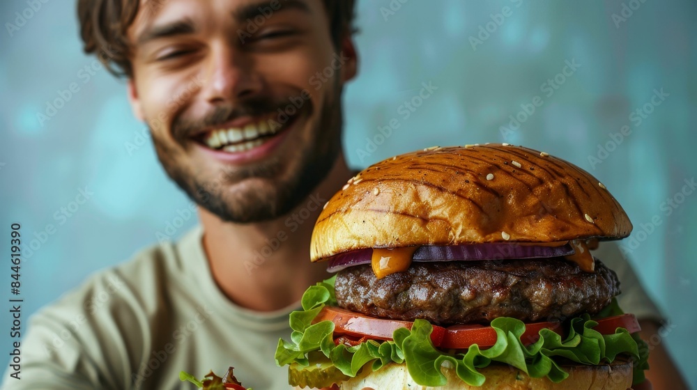 Smiling man holding a large appetizing burger with a beef patty lettuce tomato and cheese served on a sesame seed bun. Smiling man holding a large appetizing burger with a beef patty lettuce tomato and cheese served on a sesame seed bun.