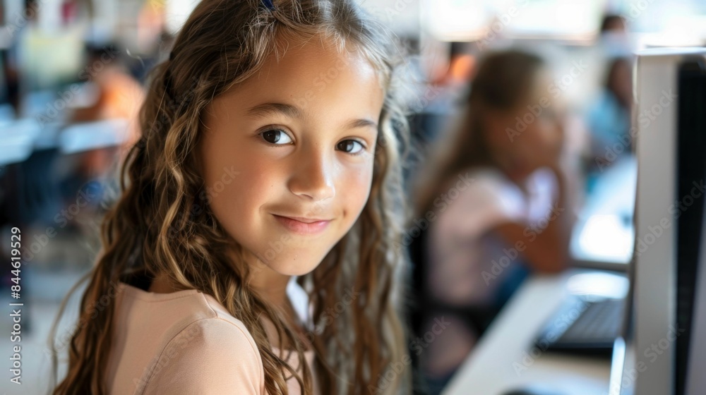 A young girl with curly hair smiling at the camera sitting at a desk with a computer monitor in the background. A young girl with curly hair smiling at the camera sitting at a desk with a computer monitor in the background.
