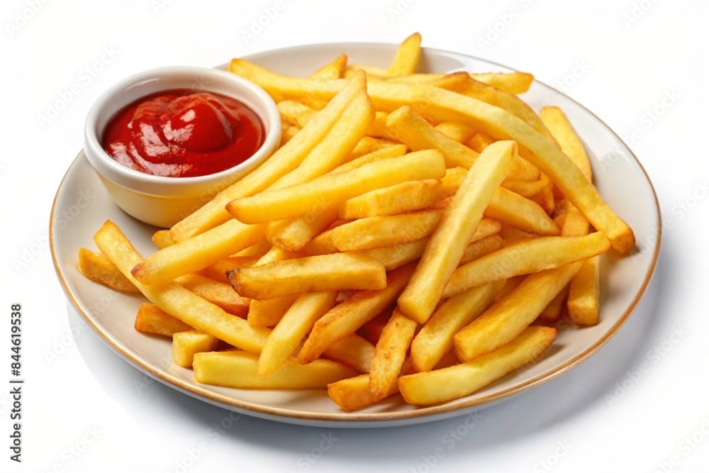 Plate of tasty french fries and ketchup on white background Plate of tasty french fries and ketchup on white background