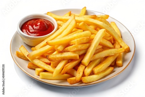 Plate of tasty french fries and ketchup on white background