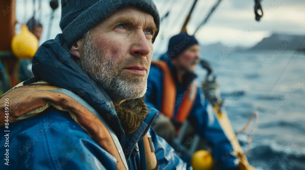 Obraz premium Two men on a boat one with a beard both wearing life jackets looking out at the ocean.