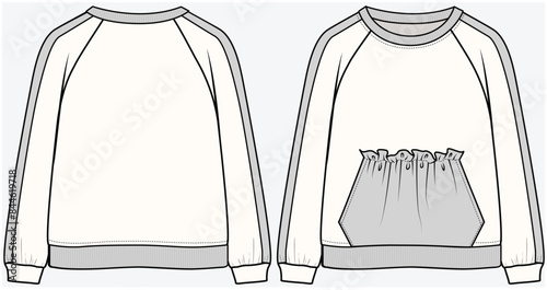 RAGLAN SLEEVES SWEAT TOP WITH TAPE DETAIL AND CONTRAST FRILL KANGAROO POCKET DETAIL DESIGNED FOR TEEN GIRLS AND KID GIRLS IN VECTOR