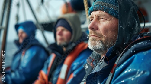 Three men in blue jackets and orange life vests sitting on a boat looking ahead with serious expressions possibly in a challenging weather condition.