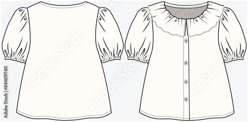 FRILLED COLLAR WOVEN TOP WITH PUFF SLEEVES DETAIL DESIGNED FOR TODDLER GIRL AND KID GIRL IN VECTOR