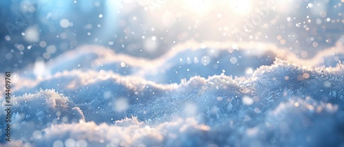Winter snow background with snowdrifts, with beautiful light and snow flakes on the blue sky, beautiful bokeh circles © Adi