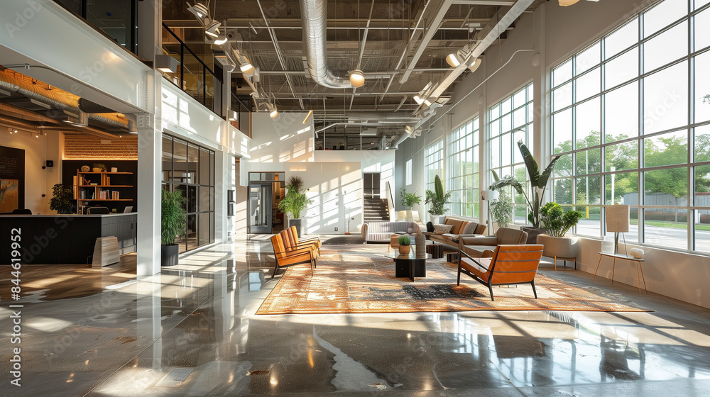 A spacious office with clearly defined floors and walls. Bright colors and ergonomic layouts ensure functionality and comfort of work.