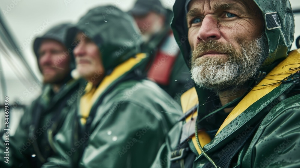 A group of men in green raincoats with hoods sitting on a boat looking out into the distance possibly during a storm or rough seas. A group of men in green raincoats with hoods sitting on a boat looking out into the distance possibly during a storm or rough seas.