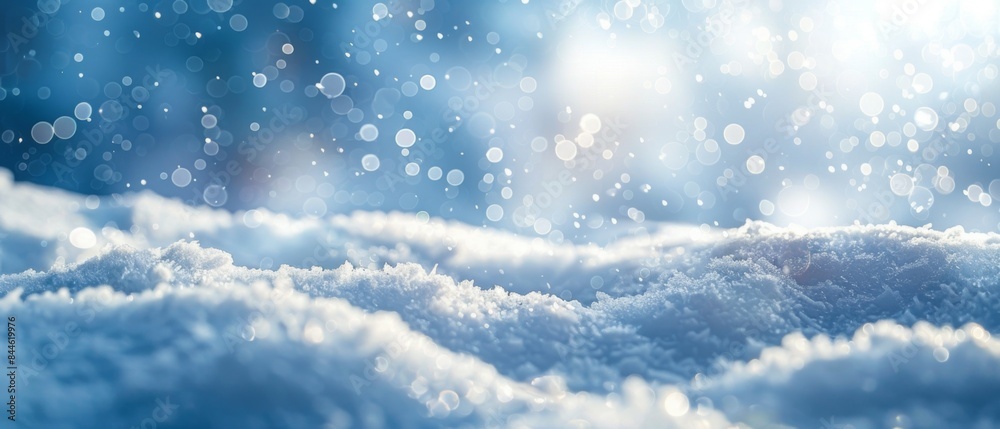 Winter snow background with snowdrifts, with beautiful light and snow flakes on the blue sky, beautiful bokeh circles