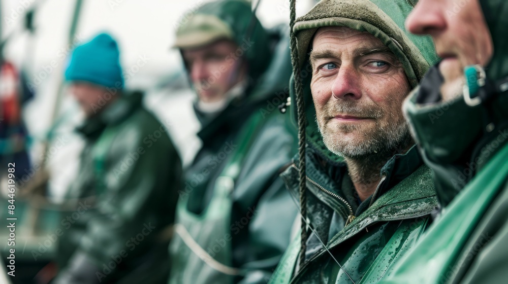 A group of four men wearing green rain gear sitting on a boat looking at the camera with a mix of expressions suggesting they are either preparing for or returning from a fishing trip. A group of four men wearing green rain gear sitting on a boat looking at the camera with a mix of expressions suggesting they are either preparing for or returning from a fishing trip.
