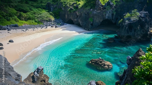 Capture the beauty of a secluded beach surrounded by cliffs. The pristine sand and crystal-clear water make it a perfect getaway spot for those seeking peace and natural beauty.