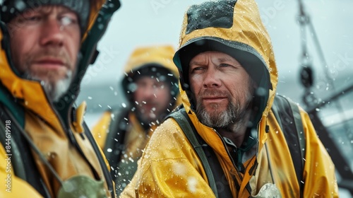 Three men in yellow rain gear one looking directly at the camera standing on a boat in the rain with a blurred background suggesting a stormy sea. © iuricazac