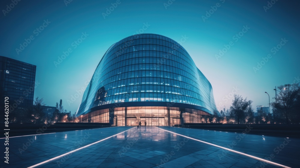 Obraz premium a modern building at dusk with a curved glass facade that reflects the blue hues of the sky.