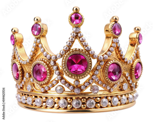 Royal gold crown with pink diamonds isolated on transparent background