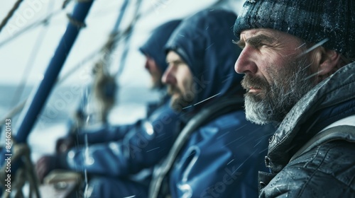 Three men in winter attire including hats and jackets sitting on a boat looking at the camera with serious expressions.
