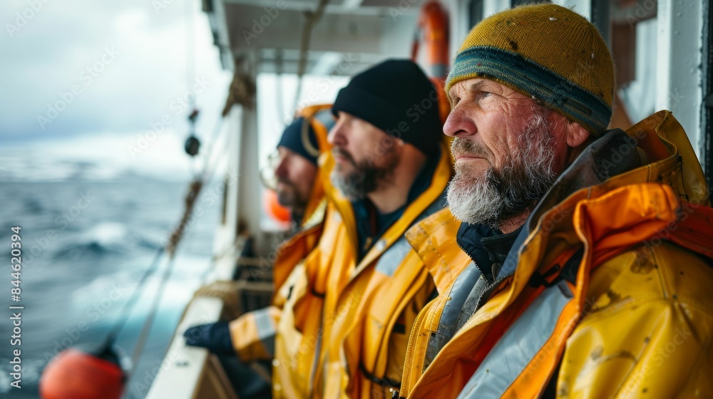 Three men in yellow jackets and hats standing on a boat looking out at the ocean with a cloudy sky and choppy water in the background. Three men in yellow jackets and hats standing on a boat looking out at the ocean with a cloudy sky and choppy water in the background.