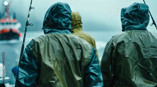 Three people wearing green rain jackets and hoods standing on a boat in the rain looking out at the ocean. photo