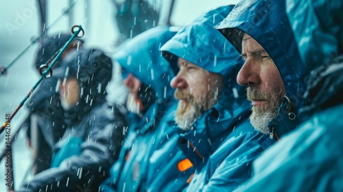 A group of men in blue raincoats and hats braving the rain with a fishing rod visible in the foreground.