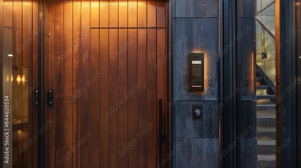 Obraz premium Modern house facade with a combination of dark gray and wooden textures. There is a prominent wooden door with horizontal panels and a sleek black handle