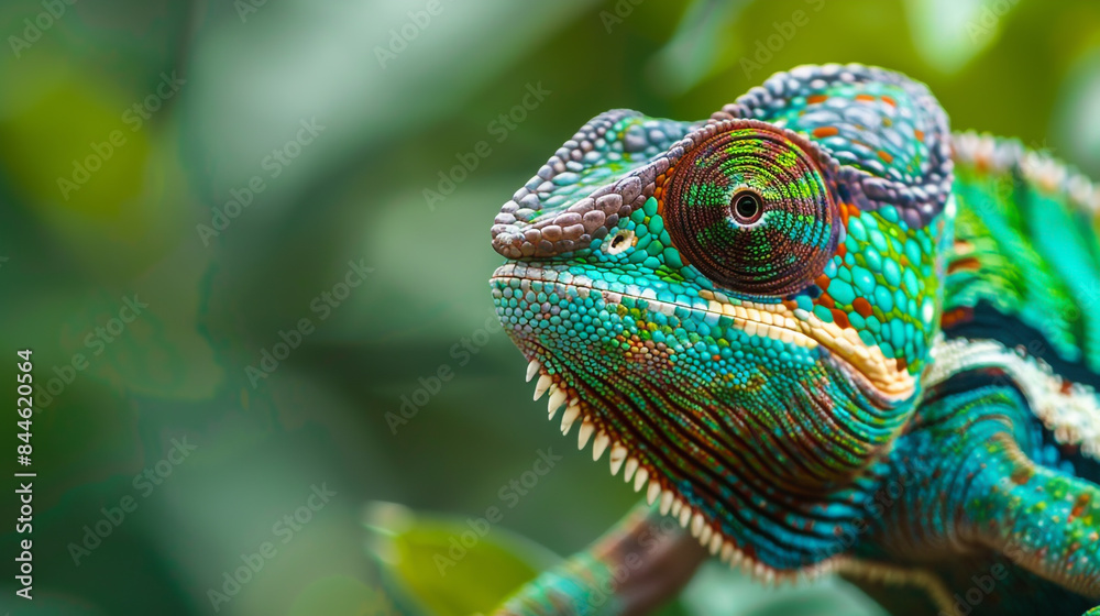 Obraz premium Green colored chameleon close up