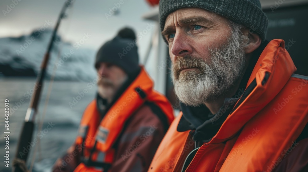 Two men in orange life jackets on a boat looking out at the water with a serious expression. Two men in orange life jackets on a boat looking out at the water with a serious expression.