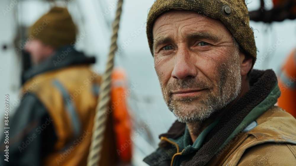 An older man with a beard and a hat standing on a boat looking to the side with a thoughtful expression. An older man with a beard and a hat standing on a boat looking to the side with a thoughtful expression.