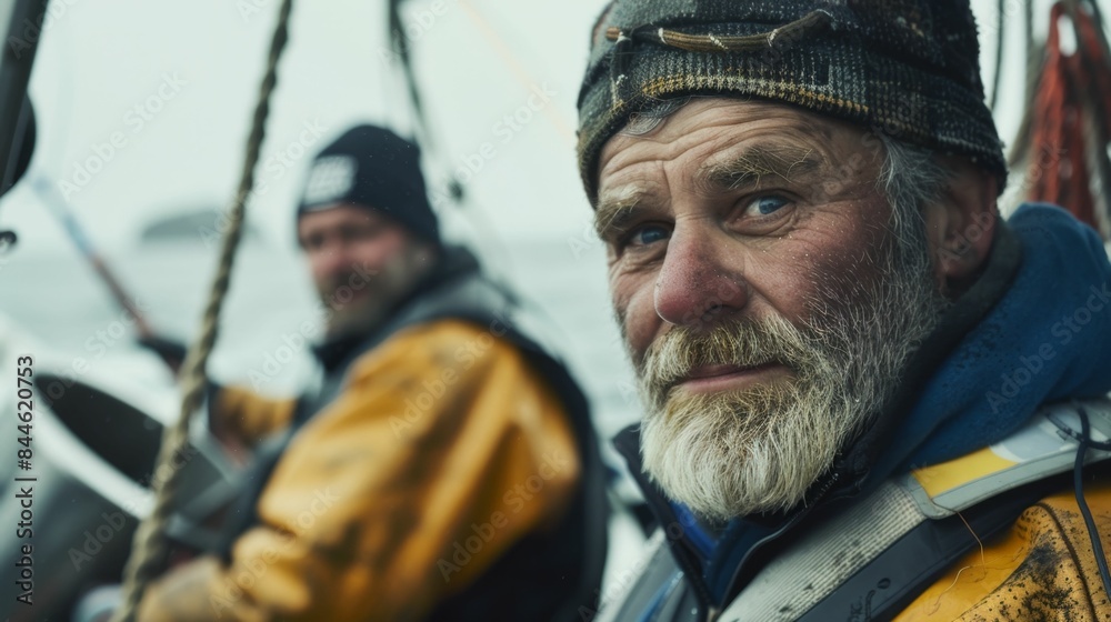 Two weathered men one with a blue cap and the other with a yellow jacket aboard a boat looking out into the distance.