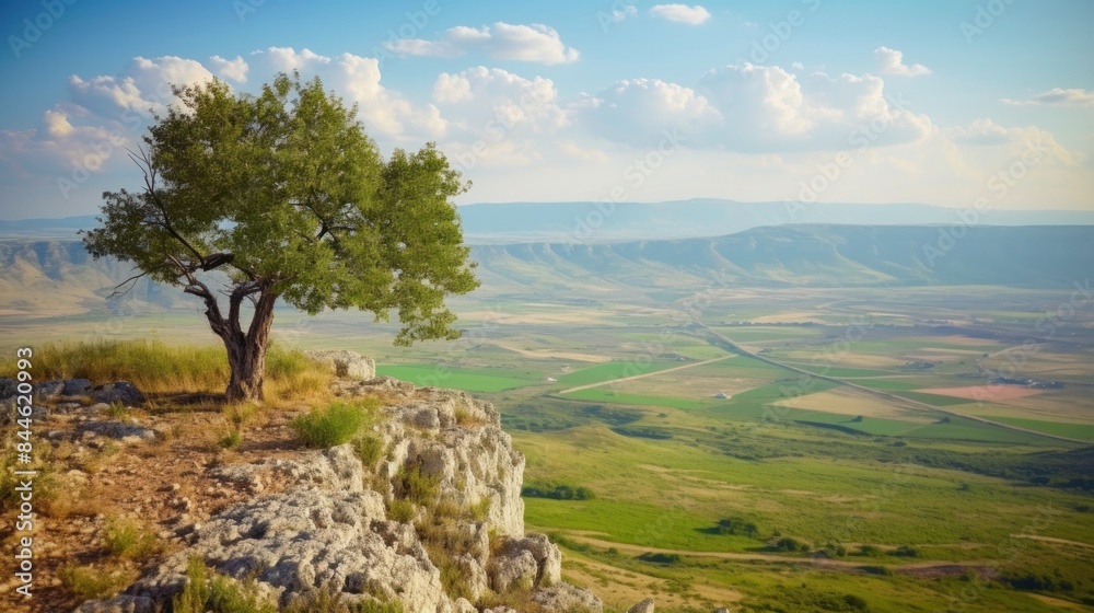 a tree standing alone on the edge of a rocky cliff with a vast green plain stretching into the distance under a partly cloudy sky. a tree standing alone on the edge of a rocky cliff with a vast green plain stretching into the distance under a partly cloudy sky.