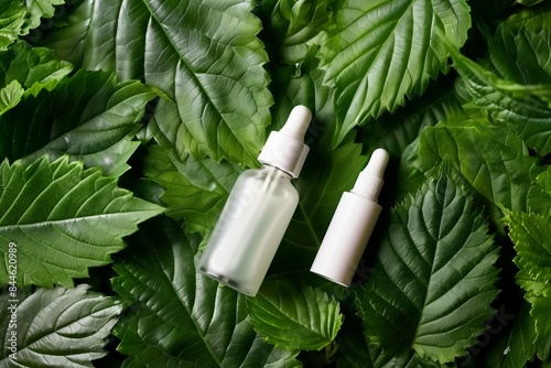 Beauty concept with serum bottle and tube craem on green leaf nature texture background top view. generative ai. photo