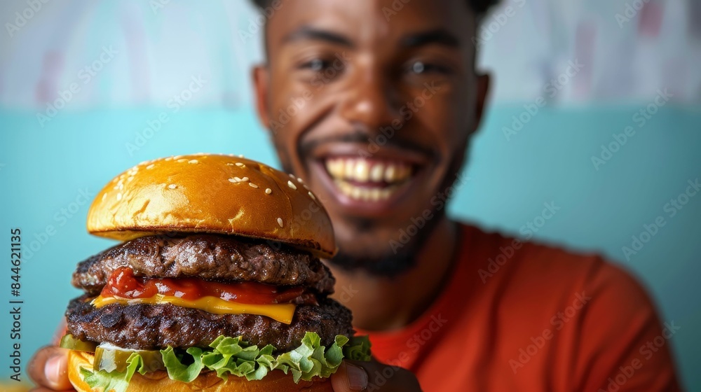 A man with a broad smile holding a large appetizing burger with multiple layers of meat cheese and vegetables. A man with a broad smile holding a large appetizing burger with multiple layers of meat cheese and vegetables.