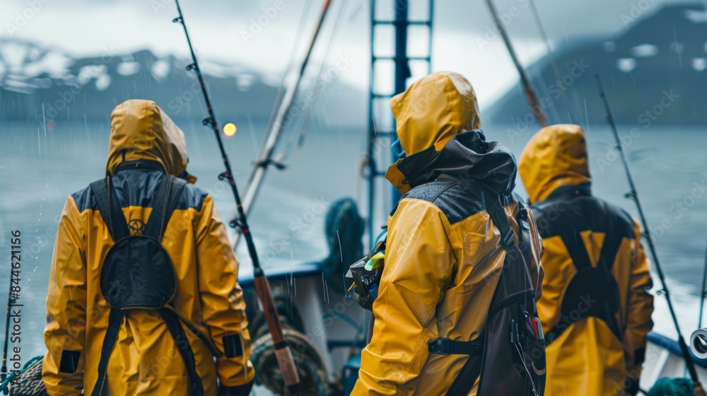 Three anglers in yellow rain gear standing on a boat fishing in a misty mountainous bay. Three anglers in yellow rain gear standing on a boat fishing in a misty mountainous bay.