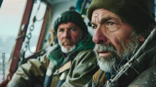 Two weathered men with graying beards and serious expressions sit side by side in a boat cabin their attire suggesting a cold environment possibly at sea.