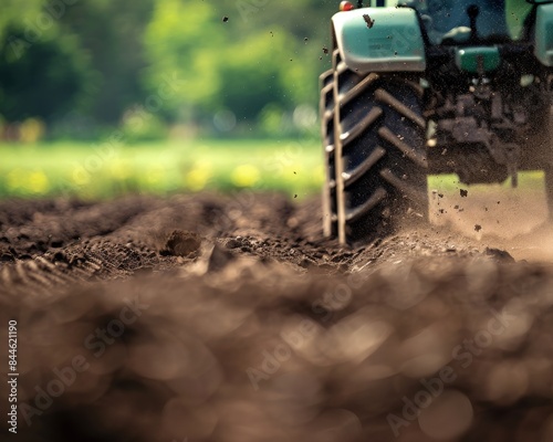 Close-up of a tractor tire churning up soil in a freshly plowed field.