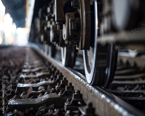Close-up of a train wheel on a track, with focus on the metal and worn surface.  The image conveys a sense of travel and industry.