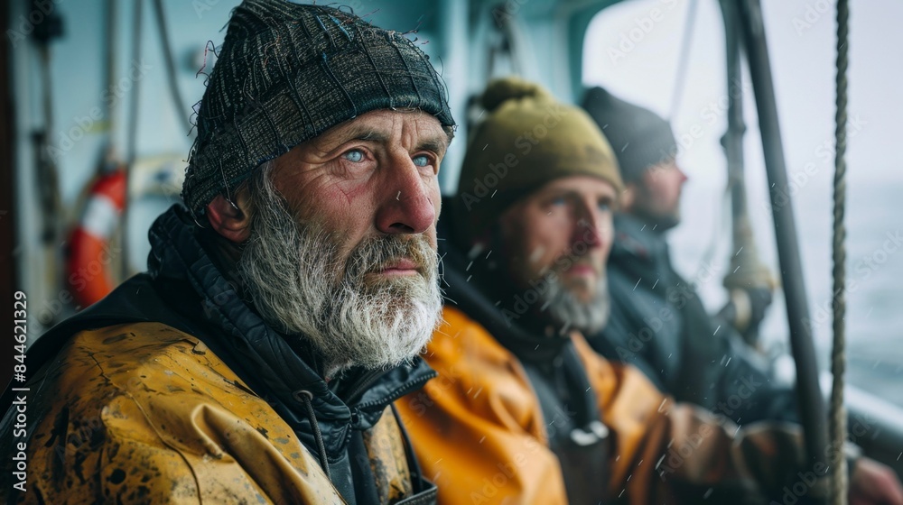 A group of bearded men in winter clothing including hats and jackets sitting on a boat looking out into the distance with serious expressions. A group of bearded men in winter clothing including hats and jackets sitting on a boat looking out into the distance with serious expressions.