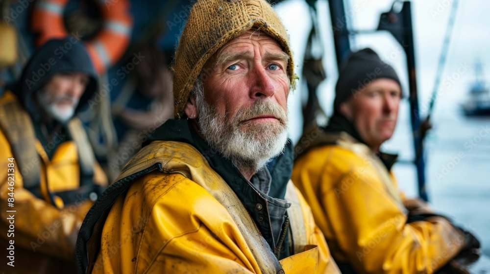 Old man with a beard and a knit cap wearing a yellow jacket sitting on a boat with two other men looking out at the water. Old man with a beard and a knit cap wearing a yellow jacket sitting on a boat with two other men looking out at the water.