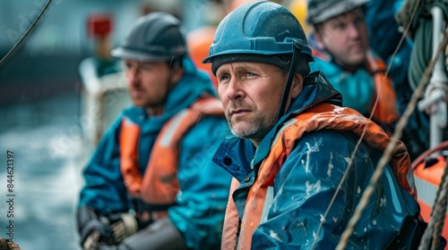 A man in a blue helmet and orange life jacket on a boat looking ahead with a focused expression. photo