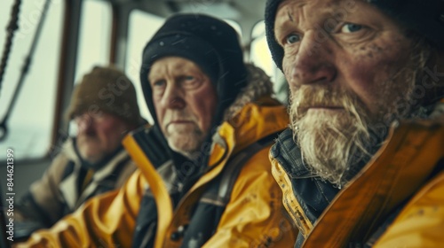 Three elderly men with beards wearing yellow jackets and black hats sitting on a boat looking out into the distance.