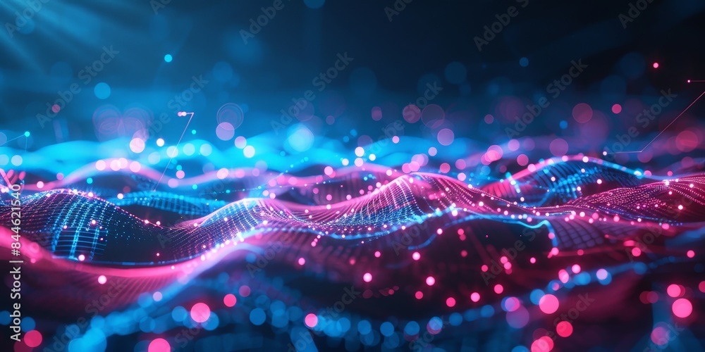 Abstract neon lights and digital wave pattern in vibrant pink and blue ...