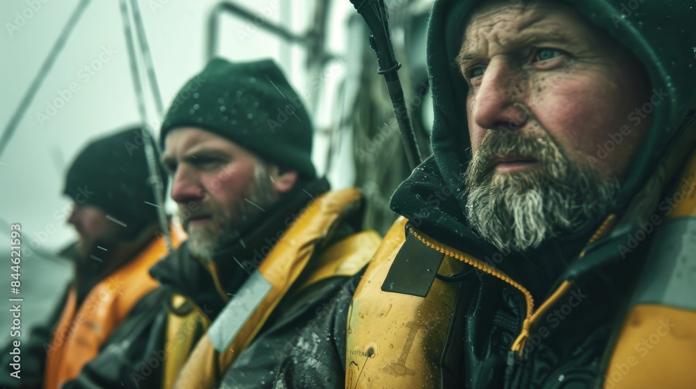 Fototapeta premium Three men with beards wearing life jackets and hoods on a boat in the rain.