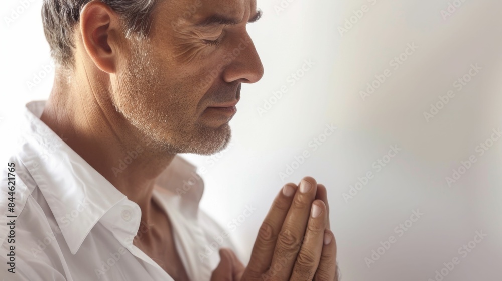 Fototapeta premium Man in white shirt with eyes closed hands clasped in prayer standing against white background.