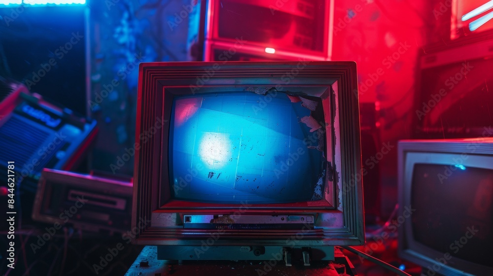 front on view of old screen, red and blue glowing lights, cassette futurism front on view of old screen, red and blue glowing lights, cassette futurism