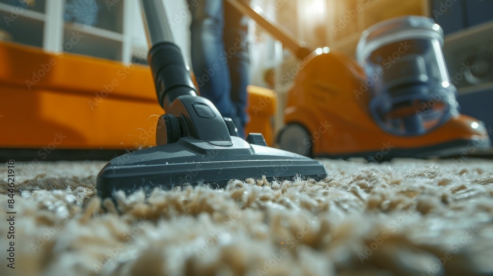 A person using a vacuum cleaner to clean a carpeted floor. A person using a vacuum cleaner to clean a carpeted floor.