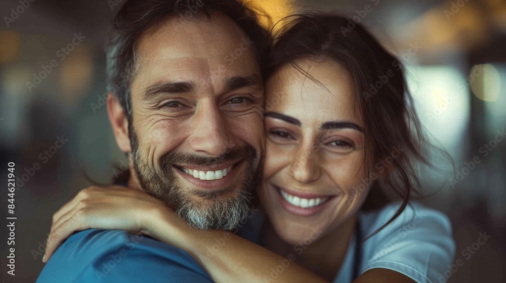 A joyful couple embracing and smiling at the camera their happiness radiating in a warm blurred background. A joyful couple embracing and smiling at the camera their happiness radiating in a warm blurred background.