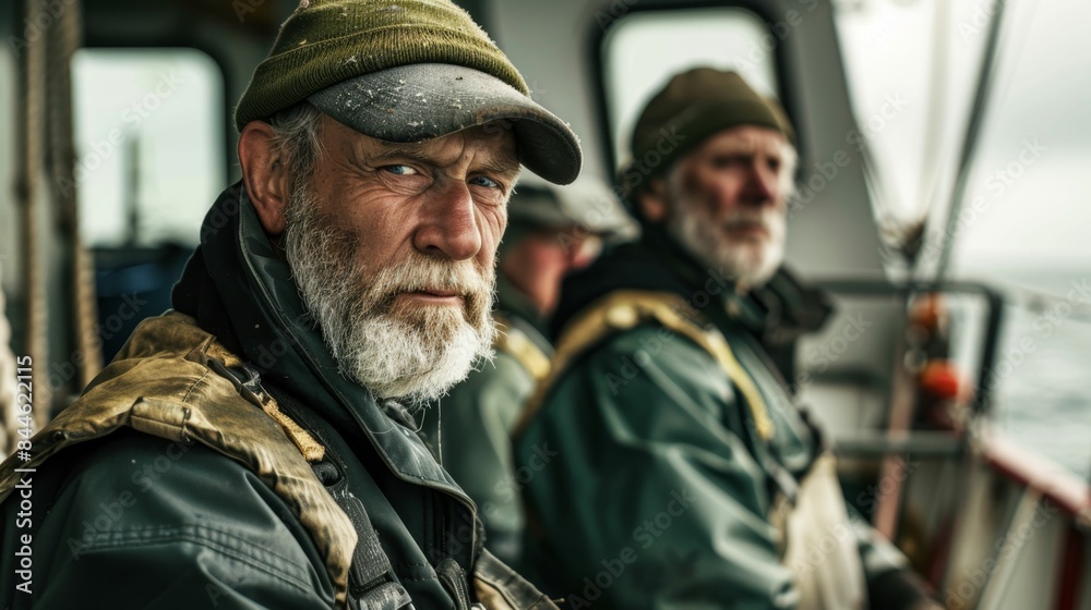 Two weathered men with white beards and caps sitting on a boat looking out to sea. Two weathered men with white beards and caps sitting on a boat looking out to sea.