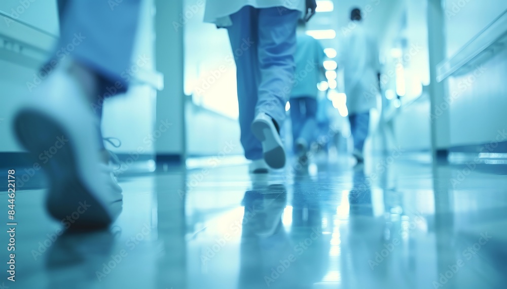 Fototapeta premium Low angle view of feet walking in a hospital corridor. The floor is clean and shiny, reflecting the light.