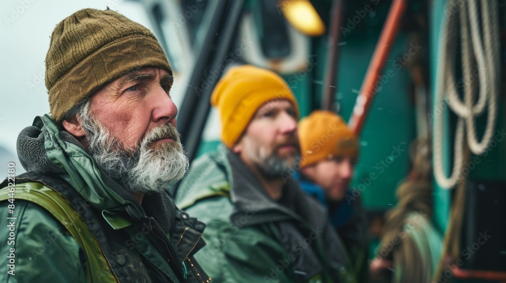 Three men on a boat dressed in winter gear looking off into the distance possibly at the horizon or an approaching event.
