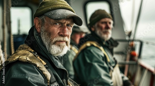 Two weathered men with white beards and caps sitting on a boat looking out to sea. © iuricazac