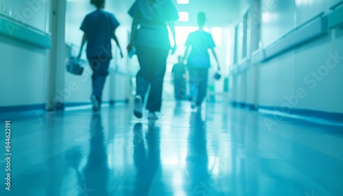 Nurses in blue scrubs walking down a hospital corridor, bright light at the end. © EC Tech 