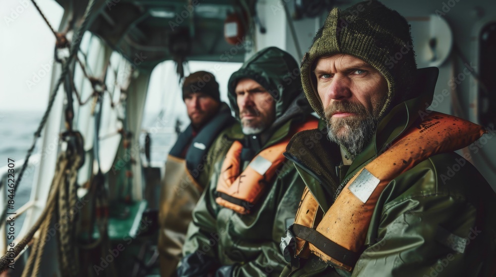Three men on a boat dressed in cold-weather gear looking serious with life jackets on in a stormy sea setting. Three men on a boat dressed in cold-weather gear looking serious with life jackets on in a stormy sea setting.
