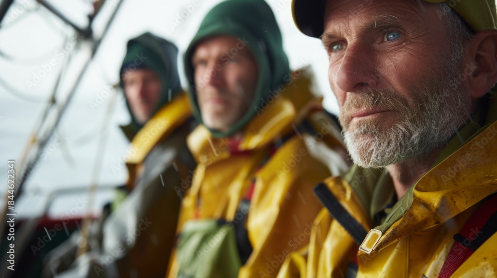 Three men in yellow rain jackets and hats looking out at the ocean possibly on a boat. Three men in yellow rain jackets and hats looking out at the ocean possibly on a boat.